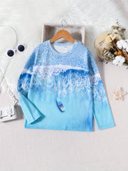 Ocean & Boat Print Kid's Pullover Long Sleeve Top