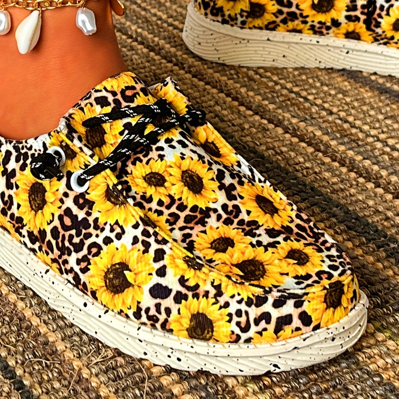Leopard & Sunflower Print Canvas Lace-up Low Top Shoes Lightweight Outdoor
