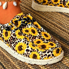 Leopard & Sunflower Print Canvas Lace-up Low Top Shoes Lightweight Outdoor