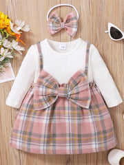 Baby Girls Plaid Bow Dress & Headband Set Winter Clothing