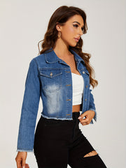 Frayed Trim Denim Jackets Long Sleeves Single Breasted Button Lapel Denim Coats