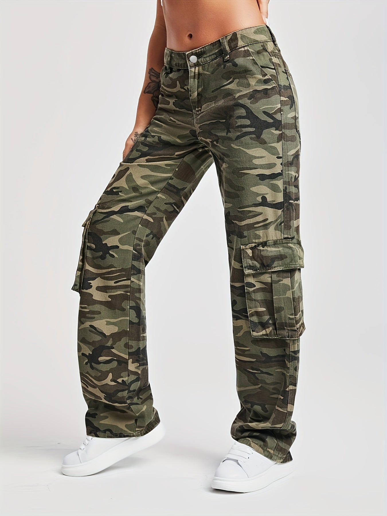 Camo Flap Pockets Straight Jeans High Waist Loose Fit Cargo Denim Pants
