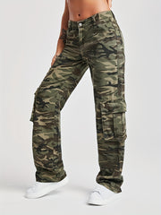 Camo Flap Pockets Straight Jeans High Waist Loose Fit Cargo Denim Pants