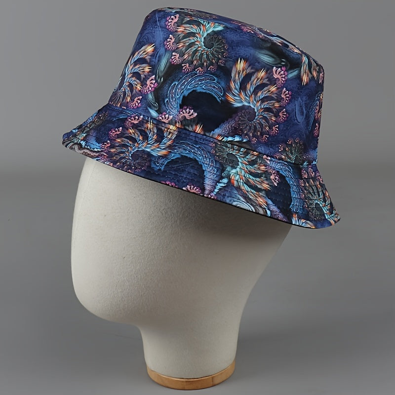 Casual Reversible Bucket Hat Vintage Swirl Feather Florets Print Fisherman Cap
