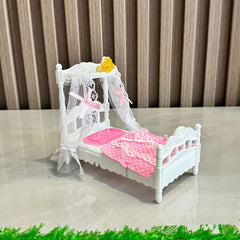 Mini Princess Bed with Canopy & Lace Curtains Dollhouse Furniture for Girls