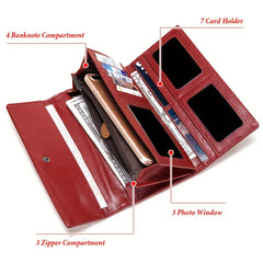 HUMERPAUL Leather Travel Wallet Long Wallet Zipper Closure Red