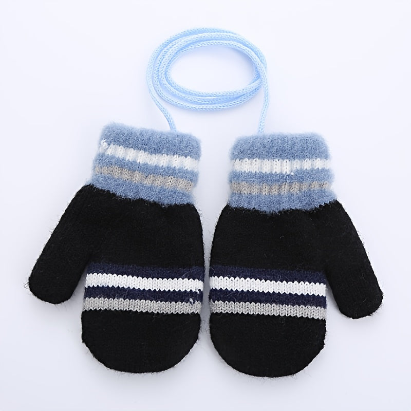 Striped Kids Wool Gloves, Double Layer Mittens