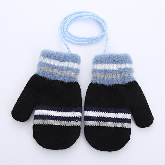 Striped Kids Wool Gloves, Double Layer Mittens