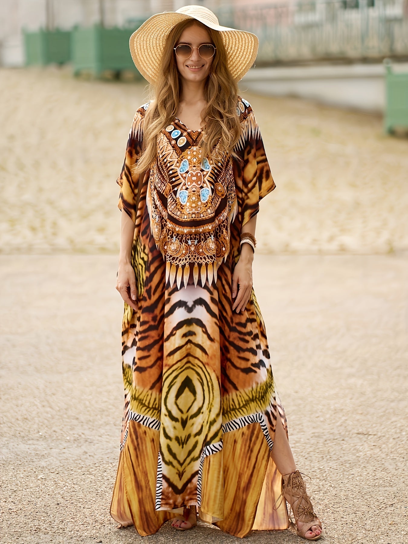 Boho Dress Women's Plus Floral Tie Dye Print V Neck Side Split Kaftan