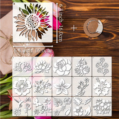 16pcs Reusable Flower Stencils with Metal Ring - DIY Painting Templates