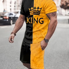 Men's King Print Sports T-shirt & Shorts Set for Summer