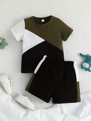 2pcs Baby Boys Casual Block T shirt & Shorts Set For Summer
