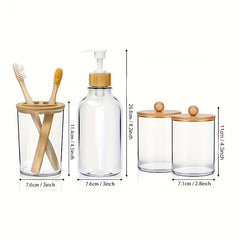 4pcs Bamboo Bathroom Accessories Soap Dispenser Cotton Swab Holder Jars