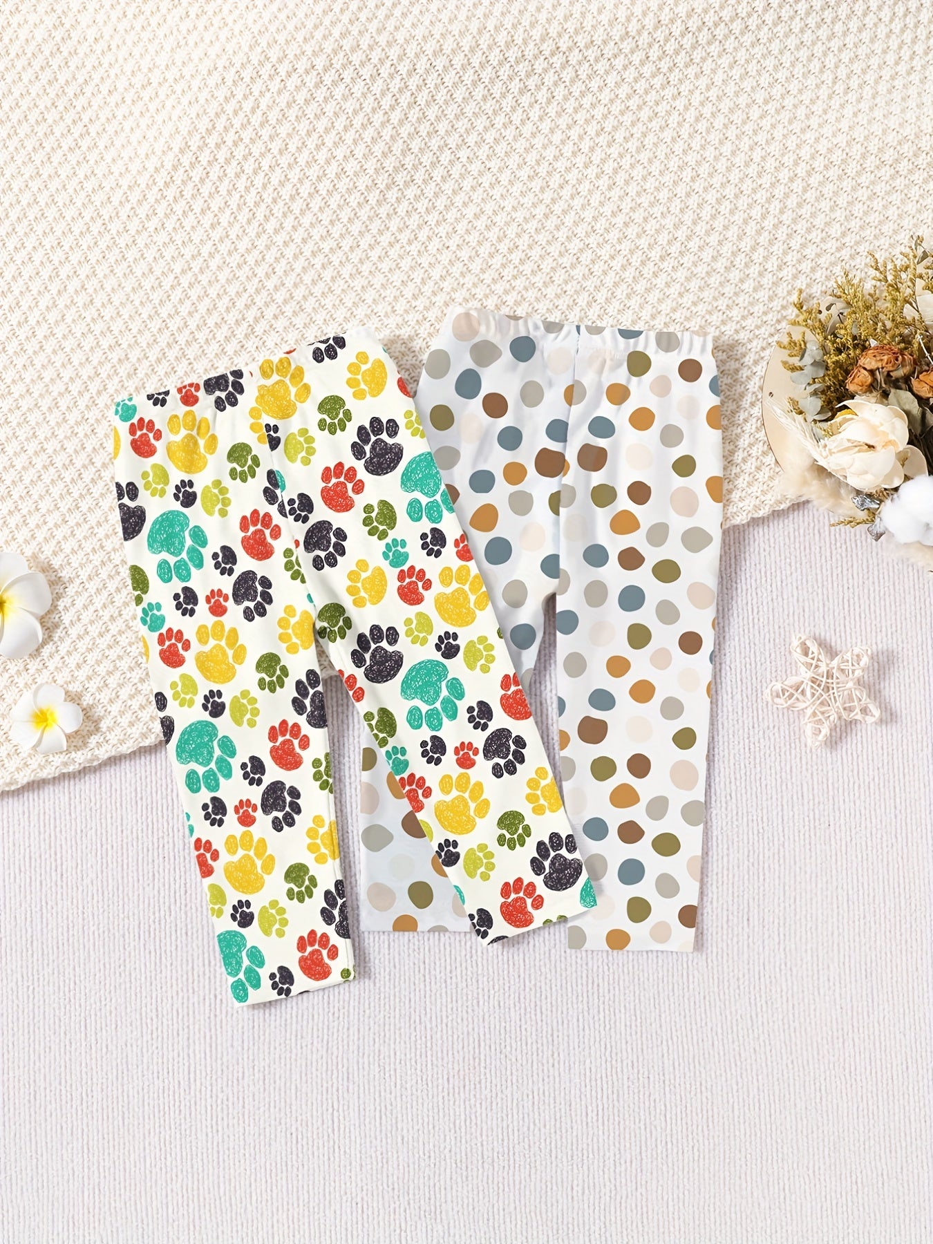 Polka Dot & Claw Print Leggings 2pcs Set For Baby Girls