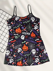 Gothic Nightdress Women's Plus Skull & Pumpkin Print Round N