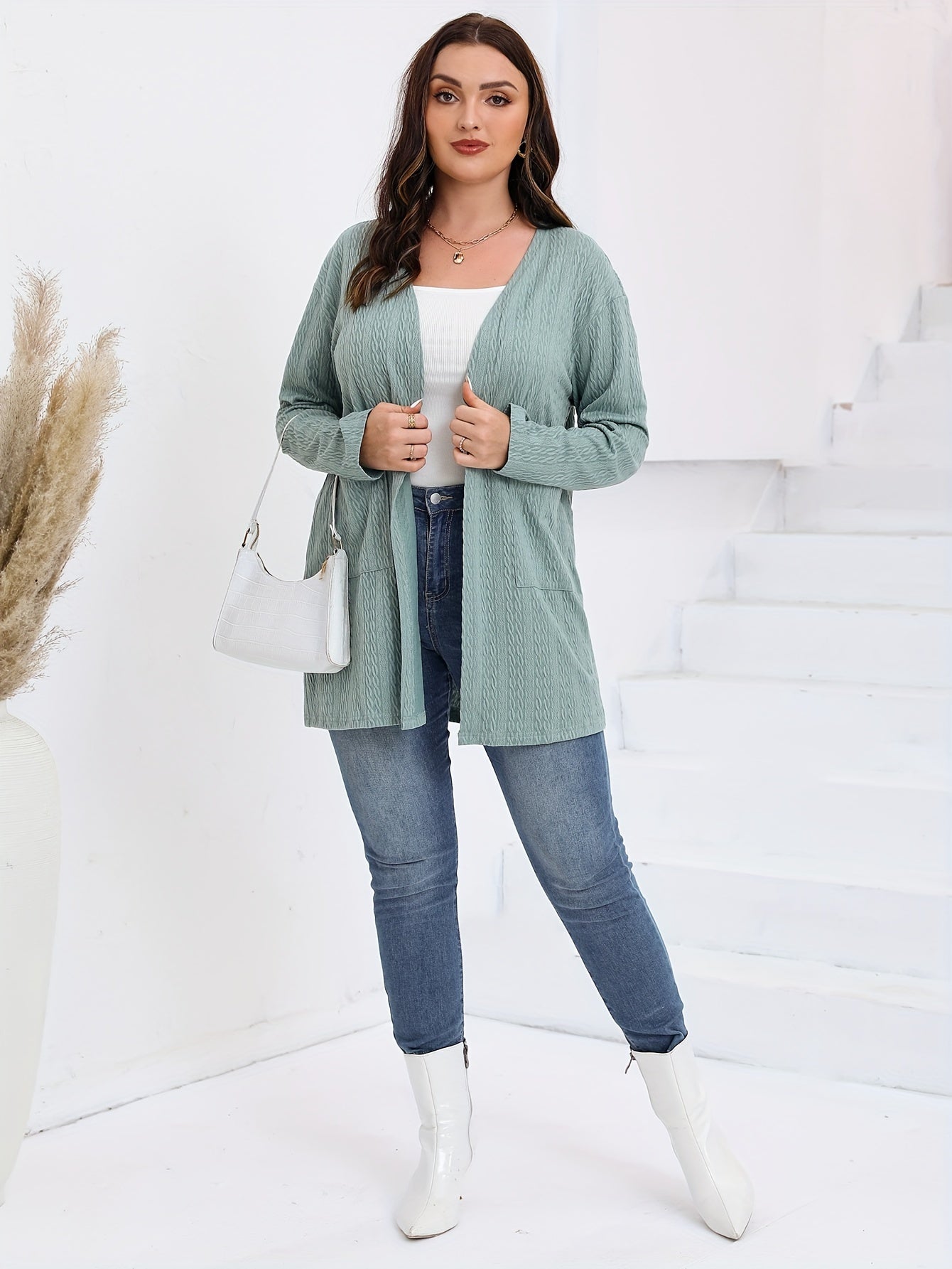 Casual Cardigan Women's Plus Solid Open Front Knitted Cardigan