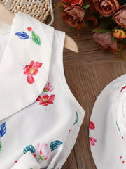 Girls Floral Suit Sleeveless Shirt Shorts Belt Hat Set