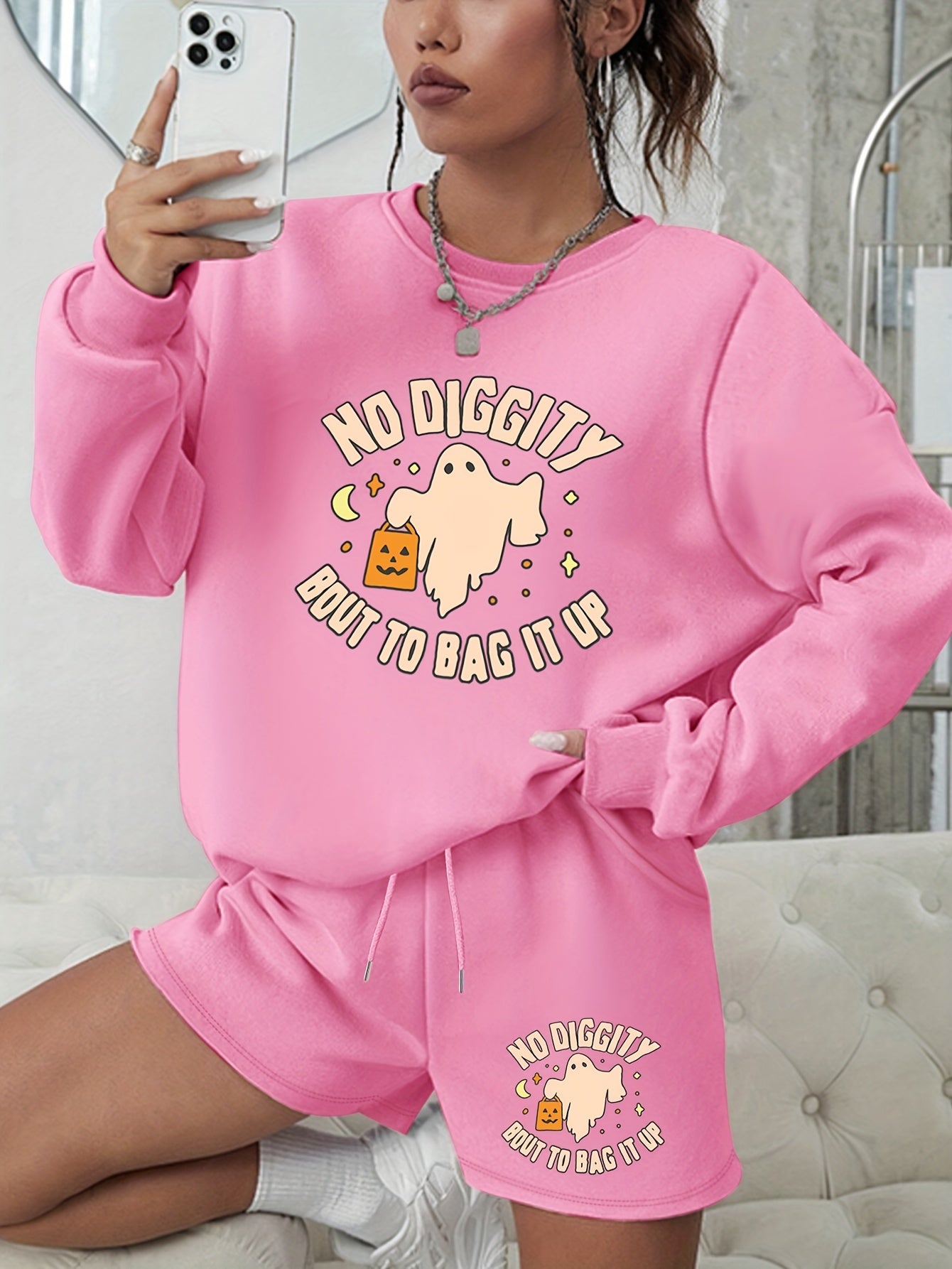 Women's Halloween Graphic Print Sweatshirt & Shorts Set
