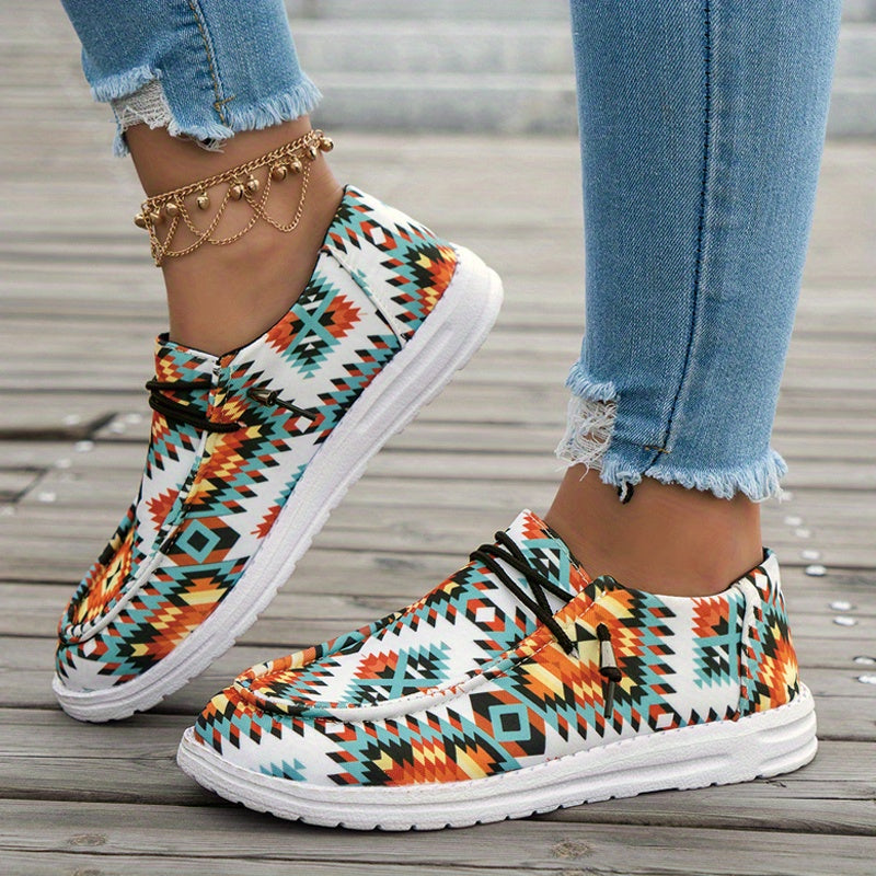 Women's Southwest Pattern Boat Shoes Lightweight Round Toe Lace Up Flat Shoes