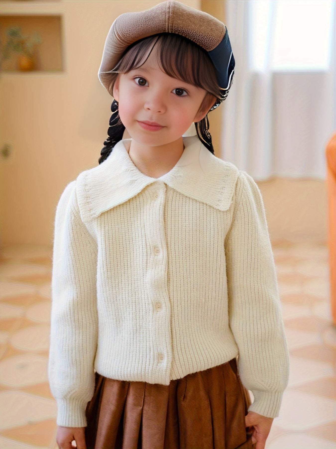 Girls Comfy Button Front Collar Long Sleeve Knit Outerwear Cardigan