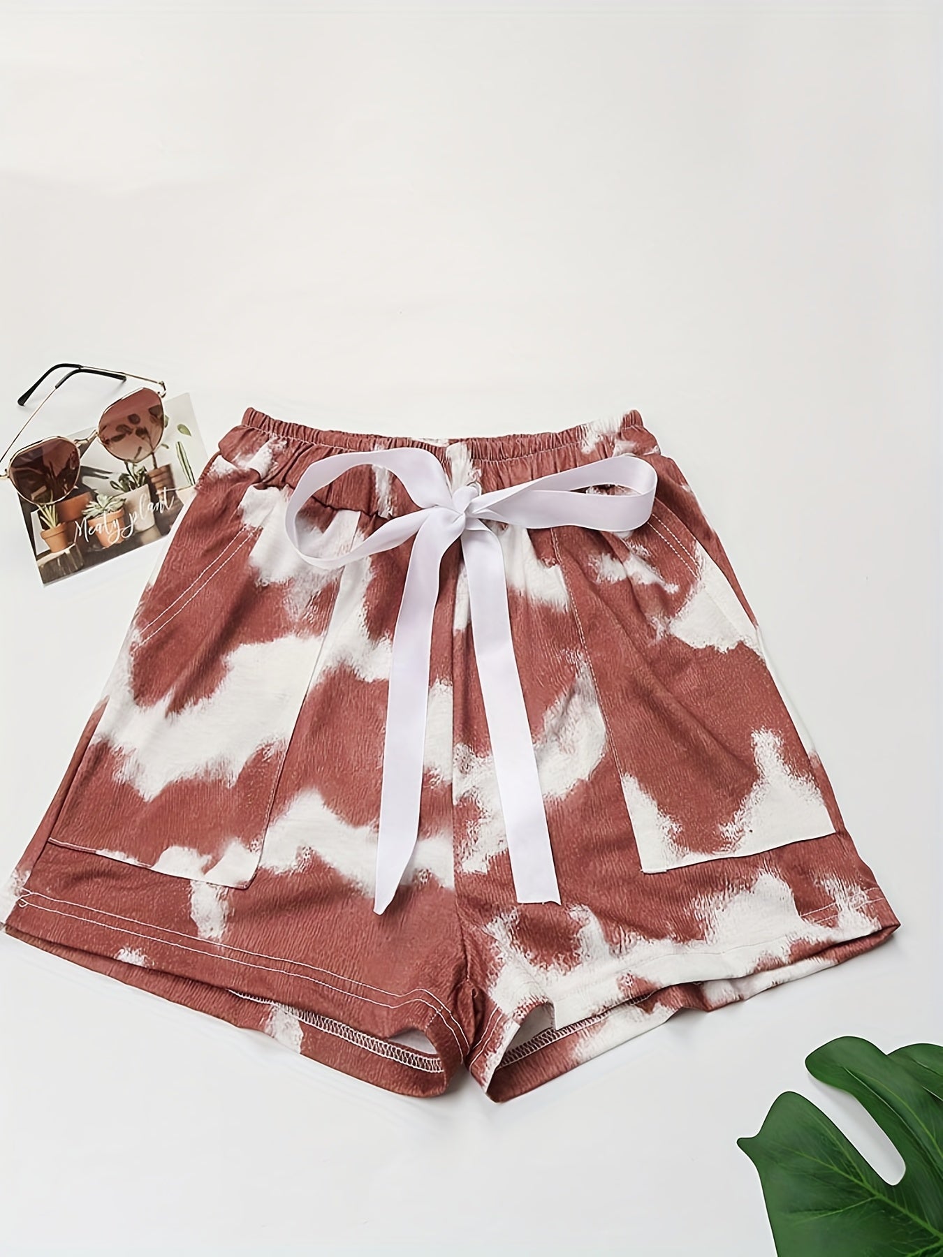 Tie Dye Tie Front Shorts Elastic Waist Wide Leg Shorts
