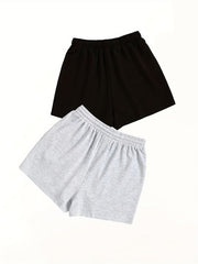 2 Pack Women's Plus Sporty Shorts Set - Letter & Number Print, Elastic Waist