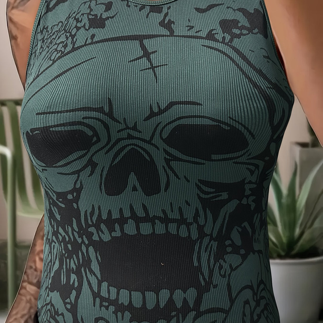 Gothic Tank Top Women's Plus Skull Print Round Neck Slim Fit Tank Top
