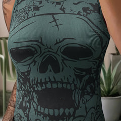 Gothic Tank Top Women's Plus Skull Print Round Neck Slim Fit Tank Top