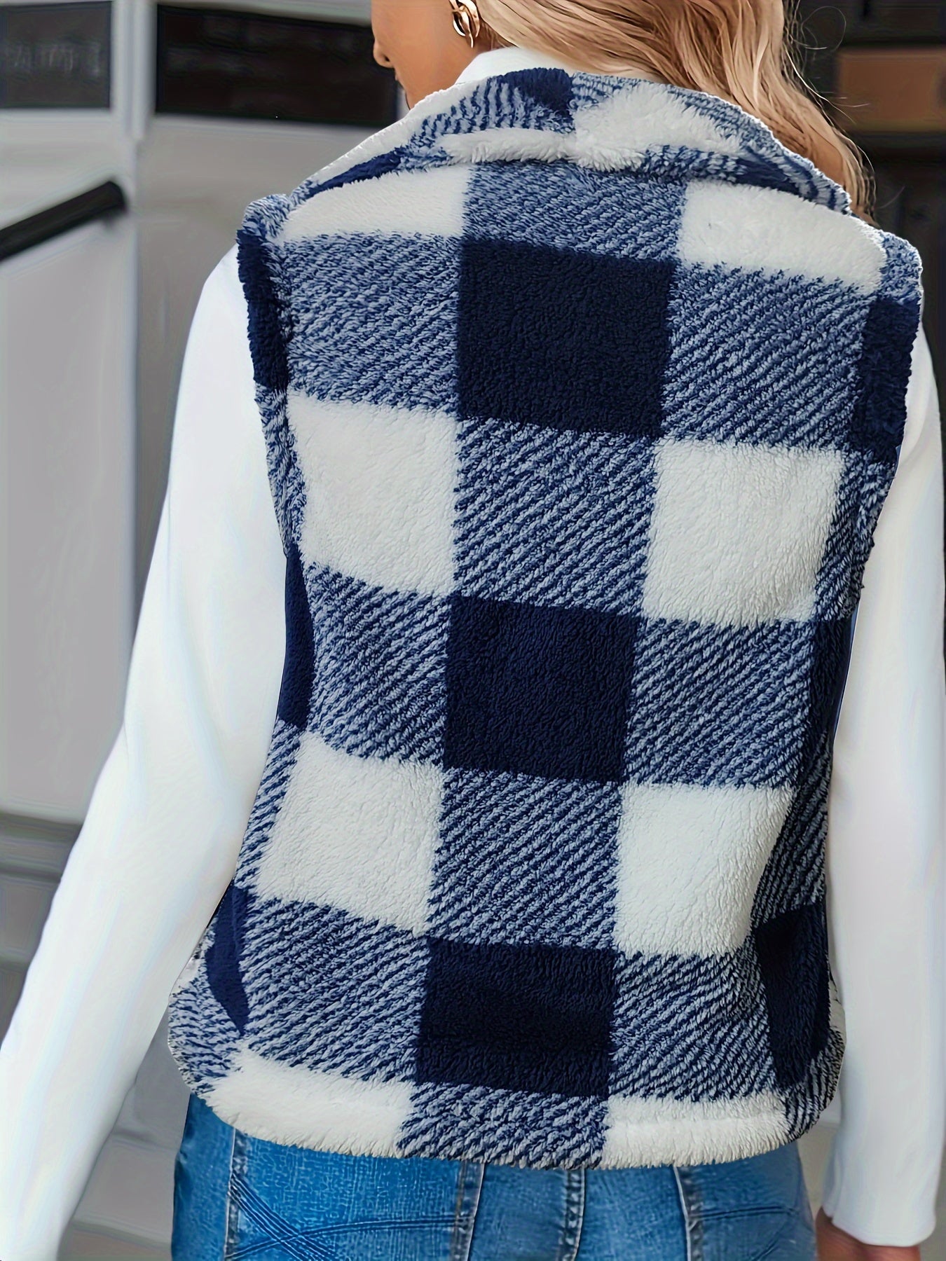 Gingham Print Open Front Vest Coat