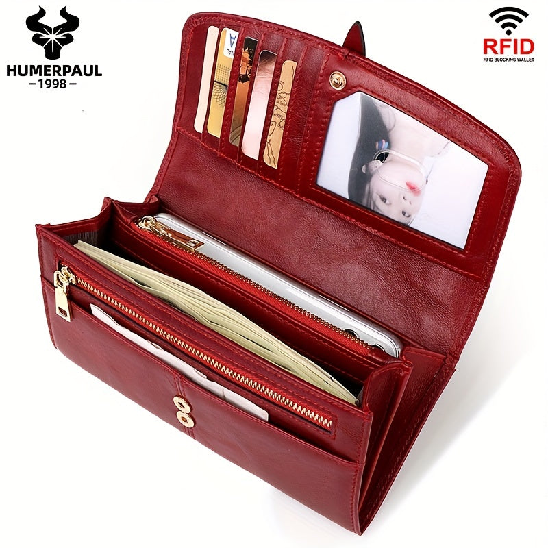 Women's RFID Blocking Leather Tri Fold Wallet Clutch with Snap Closure