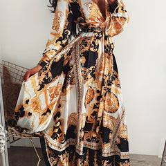 Women's Plus Baroque Print Long Sleeve Maxi Dress