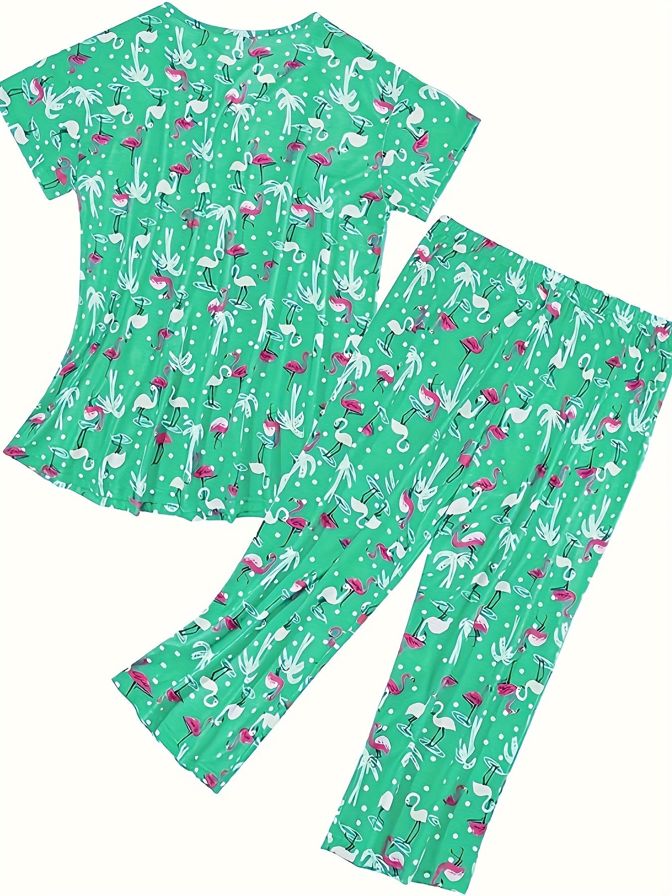 Flamingo & Coconut Tree Print V Neck Top & Pants Pajama Set