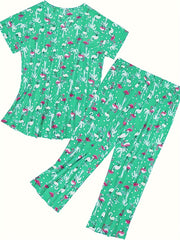 Flamingo & Coconut Tree Print V Neck Top & Pants Pajama Set