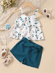 2pcs Baby Girls Floral Camisole Top & Shorts Set with Belt