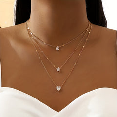 Girls Vintage Layered Heart Star Drop Pendant Necklace