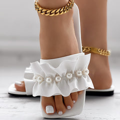 Women's Pearl Ruched Sandals Square Toe Non slip Slides Shoes Summer