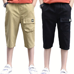 Boys Elastic Waist Cropped Cargo Pants with Pocket