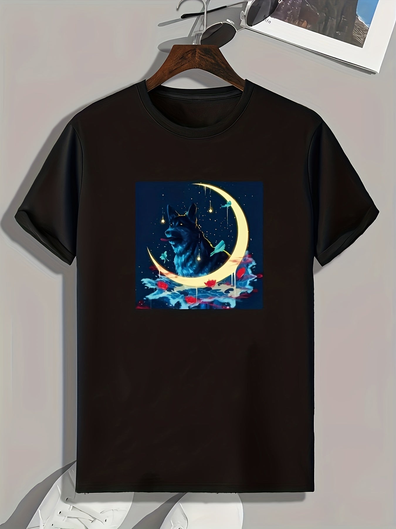 Moon & Wolf Print Men's Sports Tee Outdoor Fitness Clothing Gift For Men
