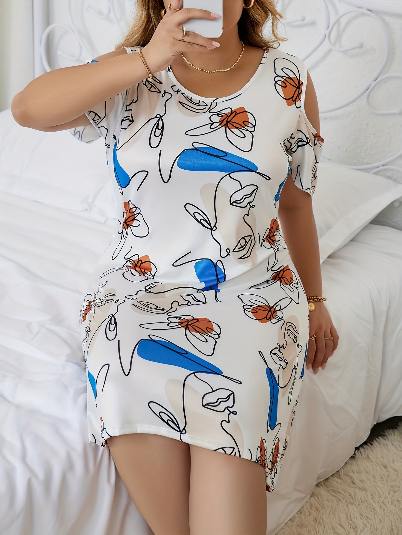 Y2K Nightdress Women's Plus Butterfly & Abstract Face Print