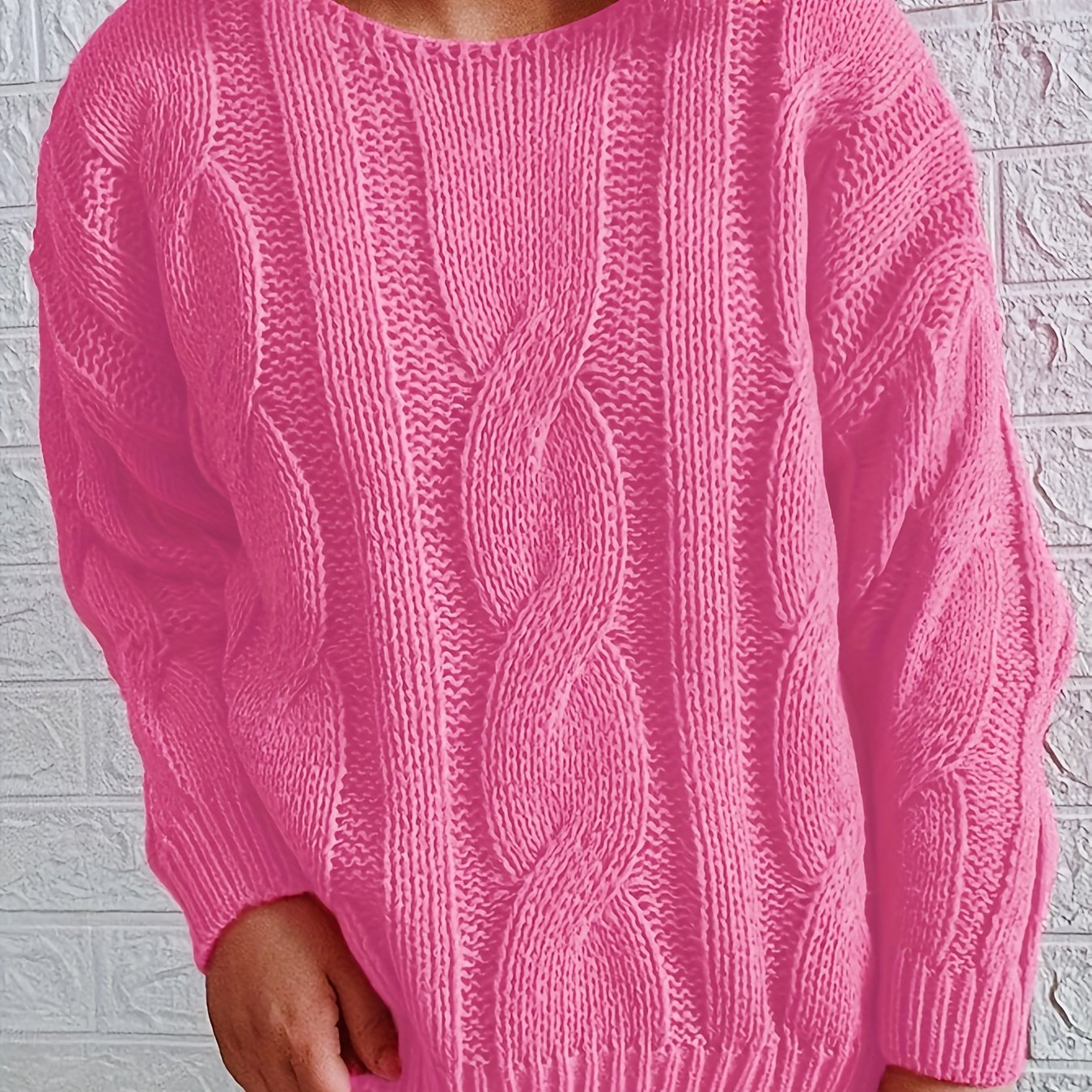 Casual Sweater Women's Plus Solid Cable Long Sleeve Round Neck Jumper