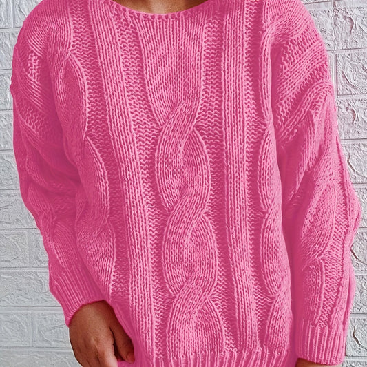 Casual Sweater Women's Plus Solid Cable Long Sleeve Round Neck Jumper