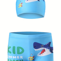 Pop Sharp Cartoon Graphic Kid's Swimwear Shorts With Hat Boy's Swimming Trunks