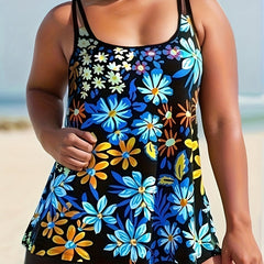Floral Print Tankini Set Women's Round Neck Cami Top & Shorts Swimsuit
