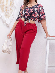 Floral Print Butterfly Sleeve V Neck Crop Top & Wide Leg Pants Two Piece Set