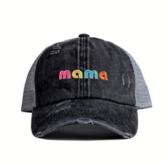 MAMA Embroidery Ponytail Baseball Cap Ripped Washed Distressed Sun Hat