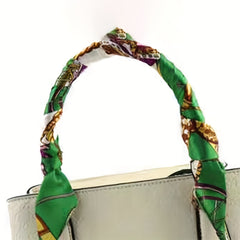 Green Skinny Scarf & Ring Set, Faux Pearl Scarf Clip, Neckerchief Twilly Scarf