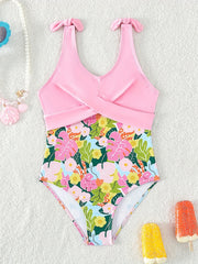 Girl's Tropical Plant Pattern Onesie Swimsuit with Bowknot Tankini