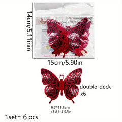 6pcs Glittering Butterfly Stickers Double Layer Decorative Indoor Outdoor Decor