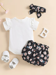 Baby Heart Floral Outfit Onesie & Shorts & Headband Short Sleeves Kids Clothes
