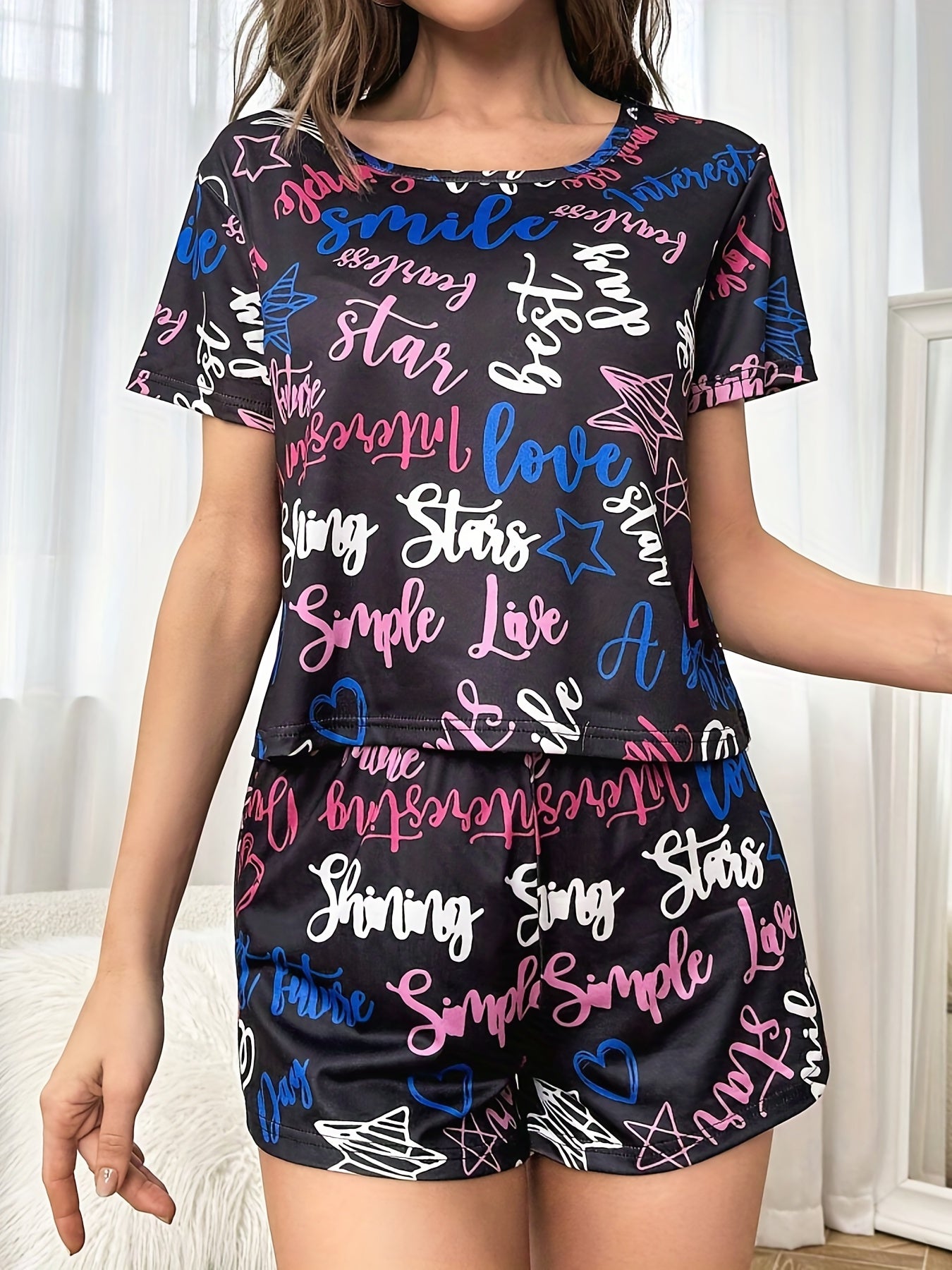 Letter Print Lounge Set Short Sleeve Crew Neck Top & Elastic Waistband Shorts